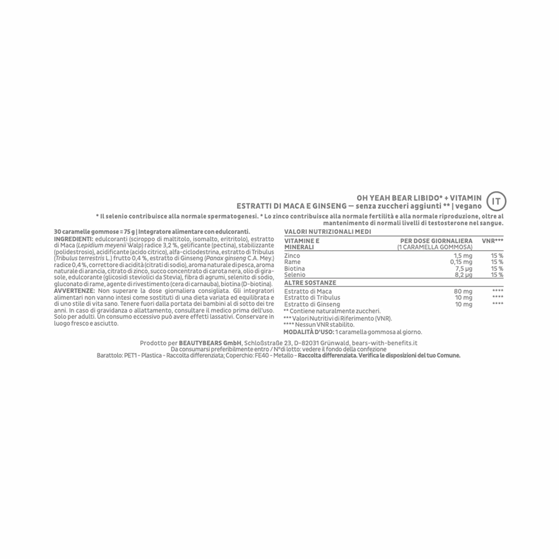 Oh Yeah Bear Maca - Energia e Vitalità - Con Extratti di Ginseng, Tribulus Terrestris - Resistenza Fisica e Performance - 30 pezzi (1 mese) - Vegano, Senza Zuccheri Agguinti - Bears with Benefits