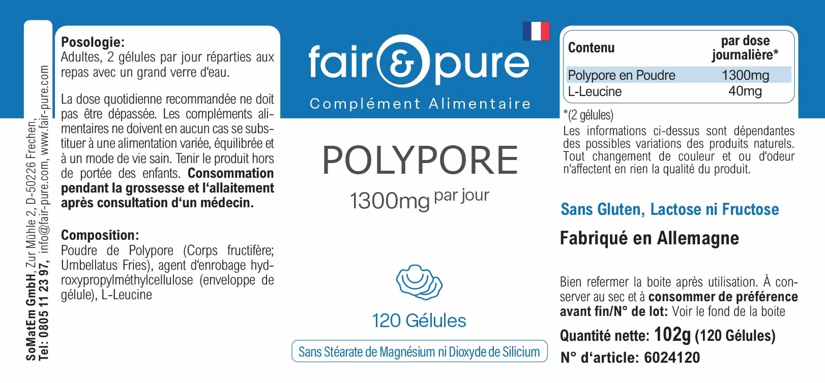 Fair & Pure® - Polyporus umbellatus - Polyporus 1300mg - Vegan - Polvere in capsule - 120 Capsule