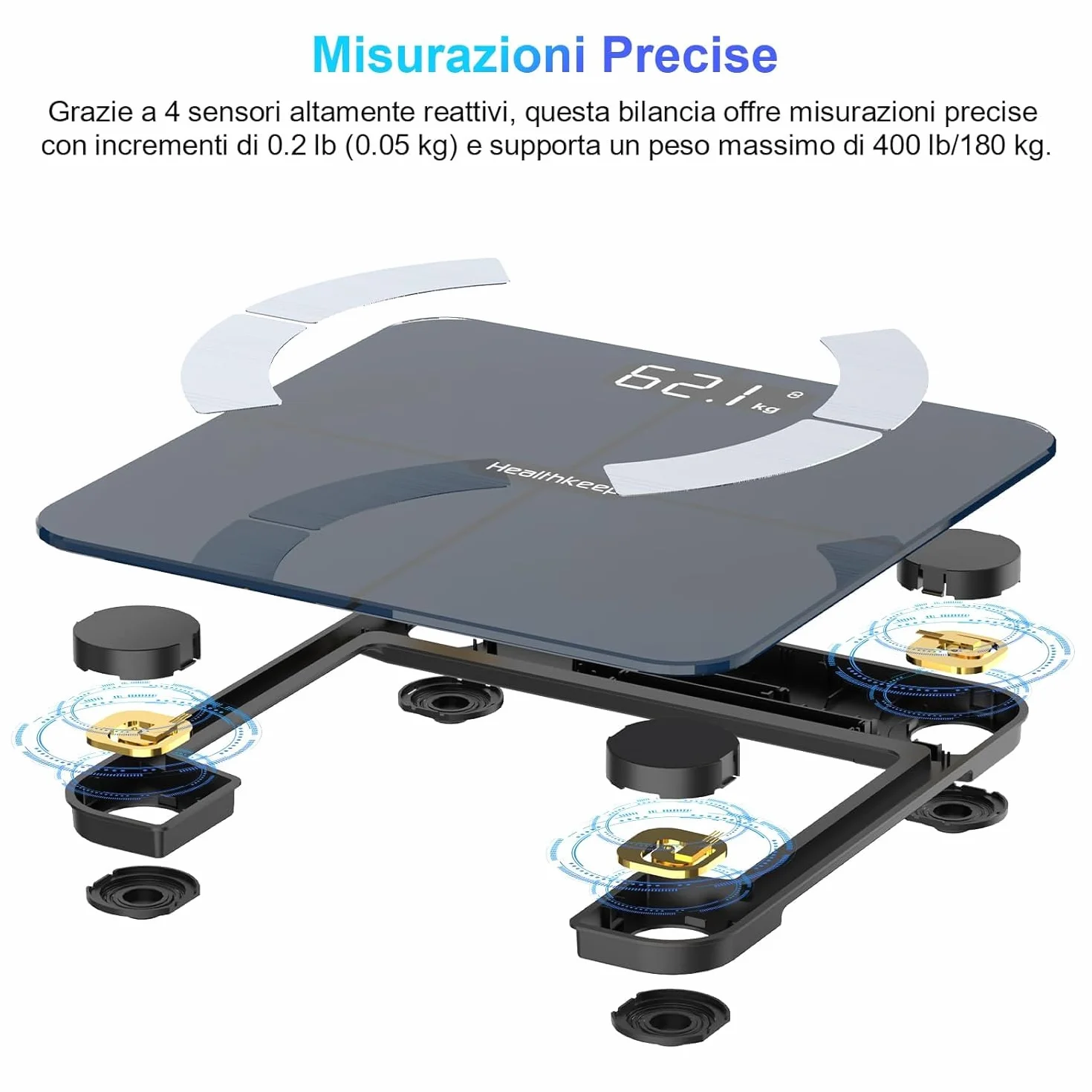 Bilancia Intelligente Impedenziometrica Bluetooth con App, Smart per Grasso Corporeo, BMI, Peso, Massa Muscolare, Acqua Corporea, Proteine, Metabolismo Basale (BMR) - Nero