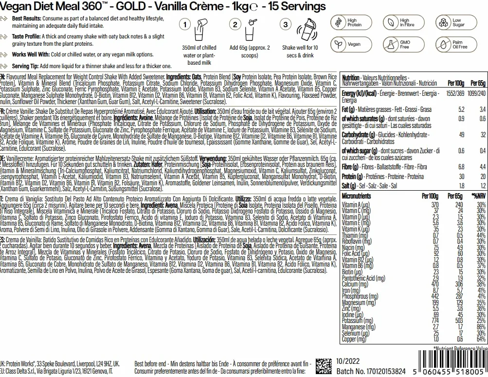 THE PROTEIN WORKS Frullato Sostitutivo Dei Pasti Dietetico Vegano, 100% A Base Vegetale, Vitamine E Minerali Essenziali, Economico, Salutare E Rapido, Crema Alla Vaniglia, 1 kg
