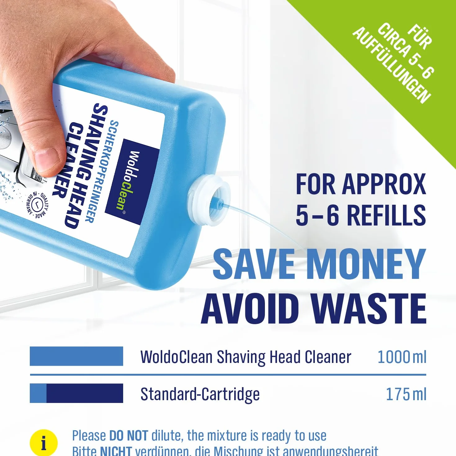 WoldoClean Liquido di Ricarica per Testine 1000ml - Detergente per Rasoi Compatibile con Braun Clean & Renew