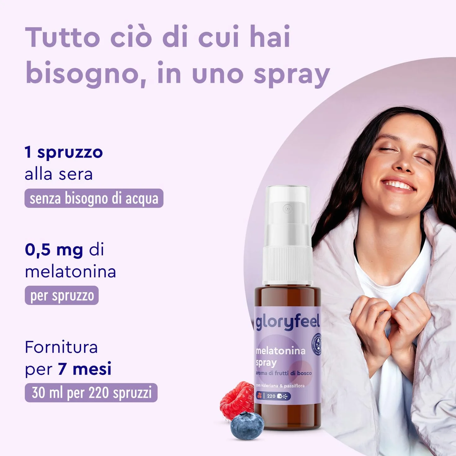 Melatonina Spray 0,5mg per Spruzzo, Integratore Valeriana Forte con Passiflora e Lavanda Rilassante, Vitamina B1 e B6, Gusto Frutti di Bosco, 30ml