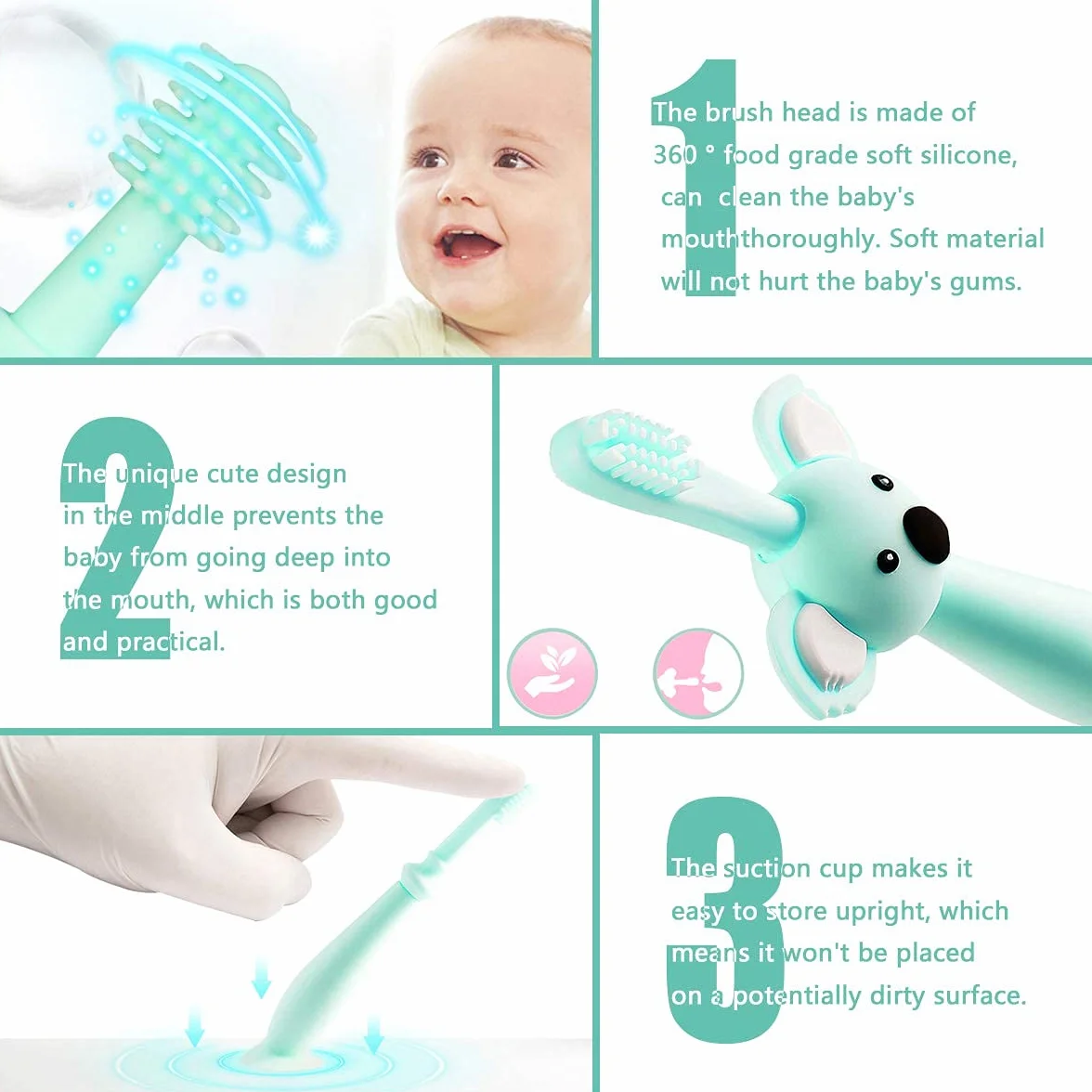 Vicloon Spazzolini da Denti per Bambini, Baby Spazzolino Massaggiagengive da Denti, 360° Silicone Morbido con Design Carino Koala, Dentizione Cure Orali per Bambini da 0 a 3 Anni (3 Pezzi), Verde