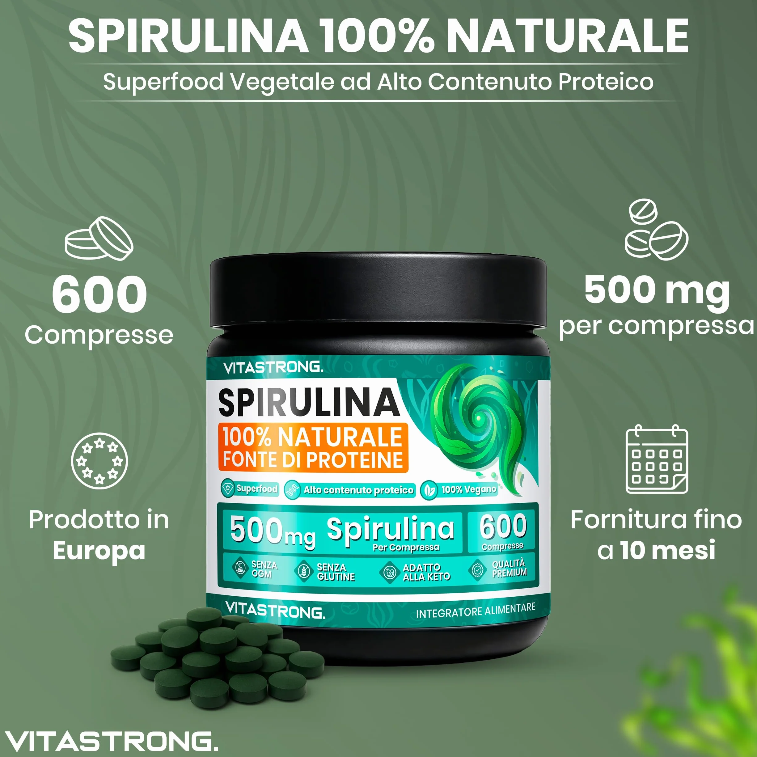 Vitastrong Spirulina Compresse 3000mg 600 Compresse Vegan Alto Contenuto Proteico Integratore Alimentare Senza Glutine OGM
