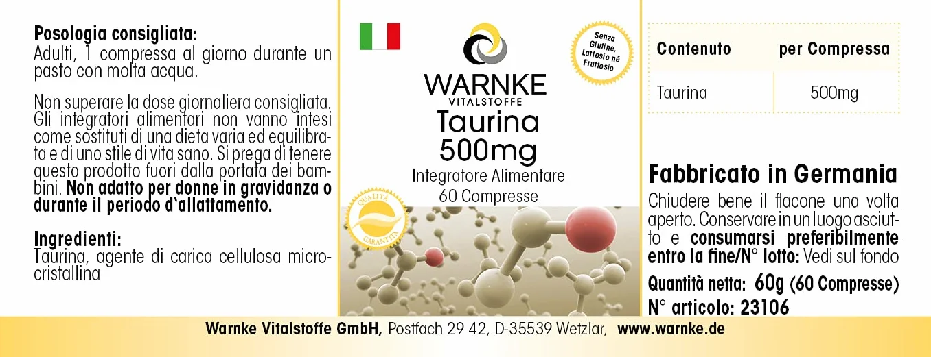 Taurina 500 mg - 60 Compresse - Vegan | Warnke Vitalstoffe