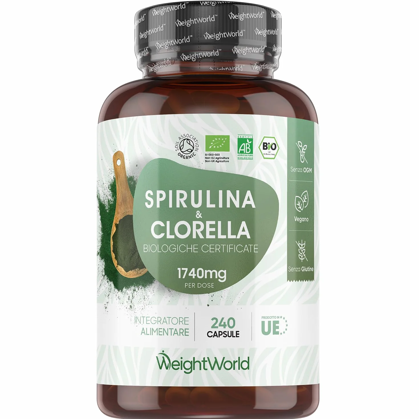Spirulina e Clorella Biologiche 240 Capsule Vegane 1740mg Superfood Integratore Senza Glutine Prodotto in Europa