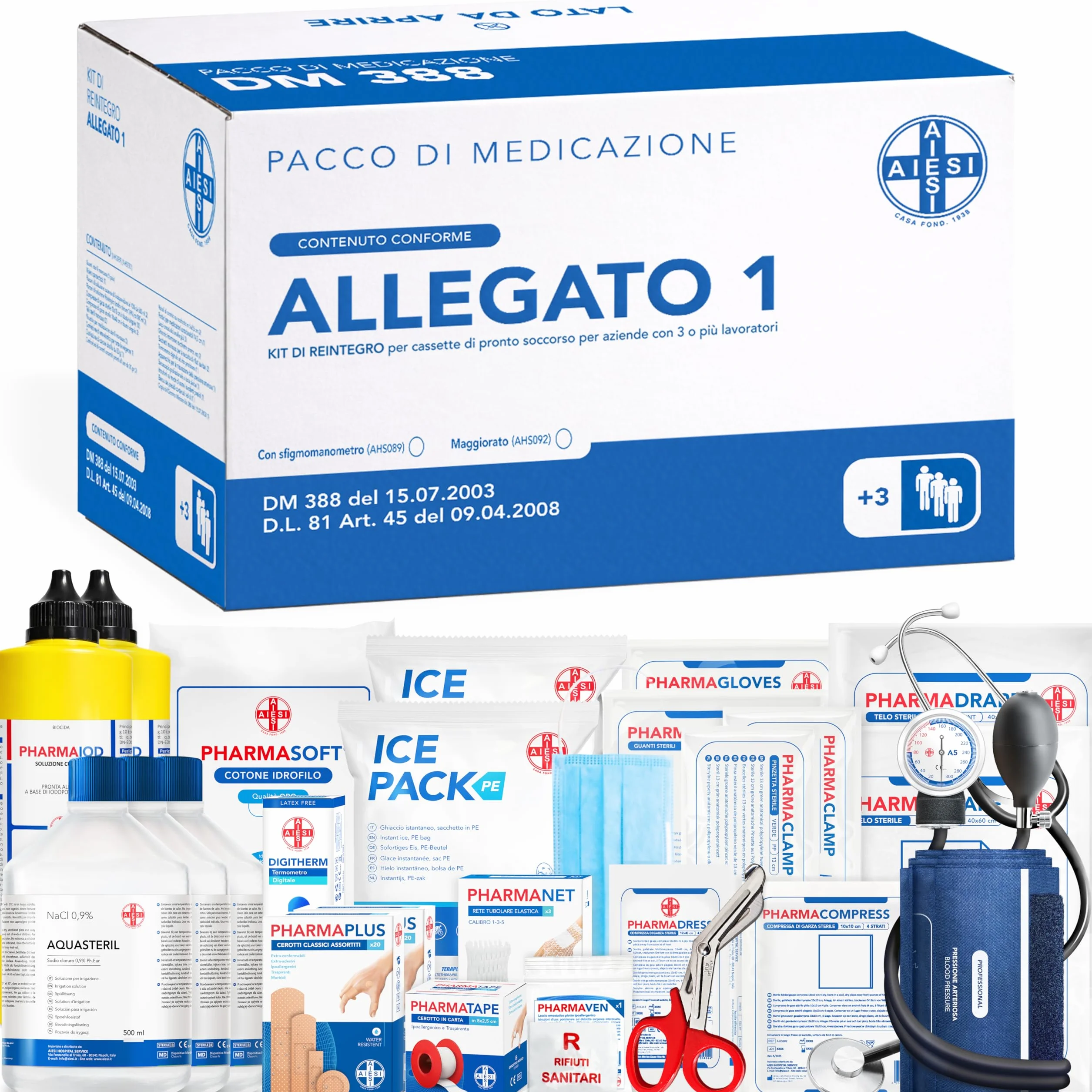 Kit di reintegro ALLEGATO 1 con sfigmomanometro per cassetta pronto soccorso aziendale, Conforme DM388/DL81, Made in Italy