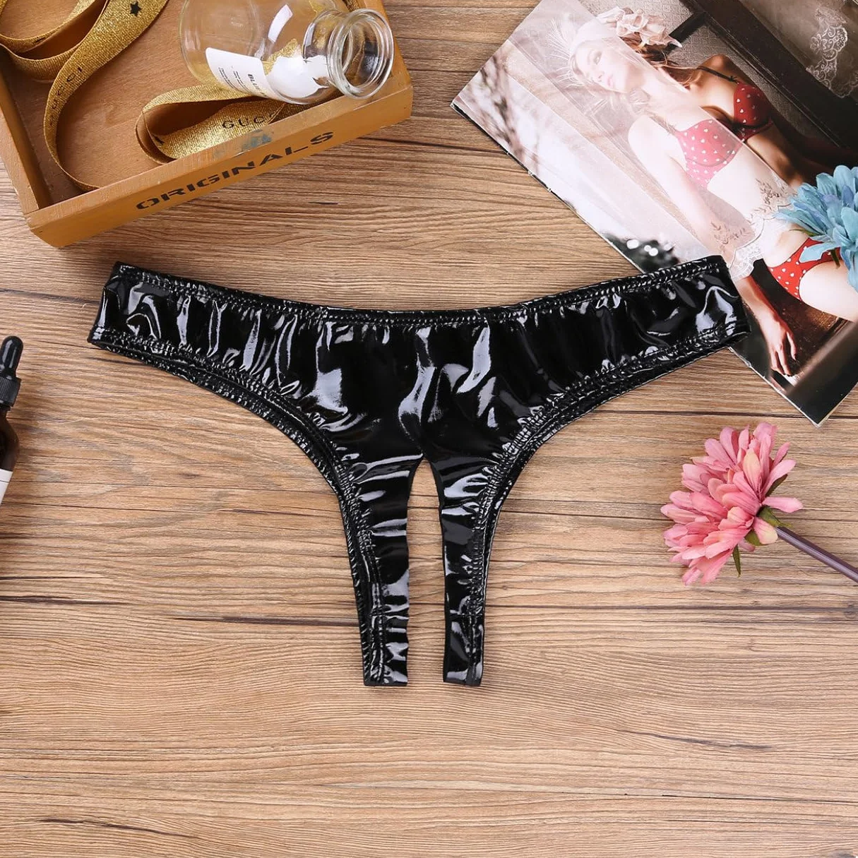 Hansber Black E Pelle Slip Donna Ouvert Passo Aperto Mutandine Low Waist Hot Pants Panty Lingerie Senza Cavallo G-String Shorts Erotico Lingerie Notturna