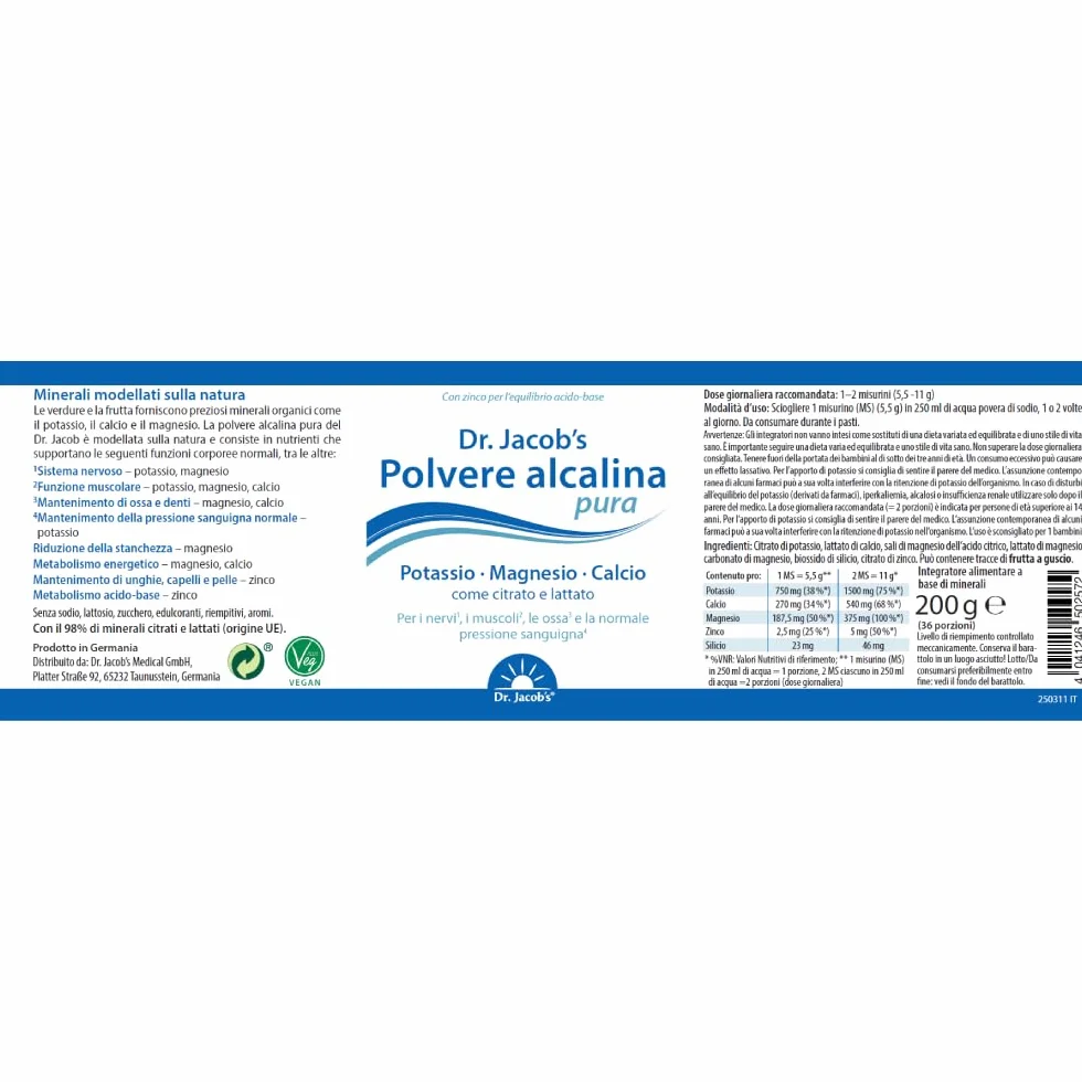 Polvere Alcalina Pura del Dr. Jacob, Barattolo da 200 g I Potassio, Magnesio, Calcio, Zinco come Citrato e Lattato I Equilibrio Minerale e Alcalino Mirato* I 36 Porzioni