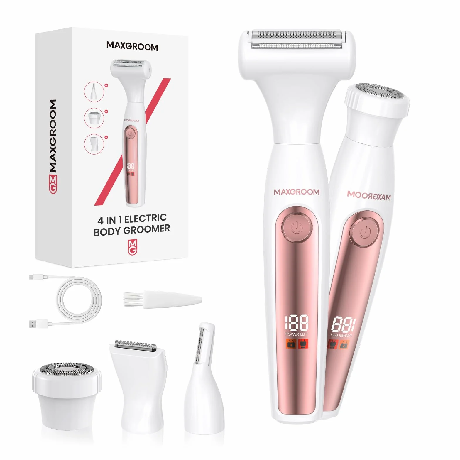 MAXGROOM 4 w 1 Rasoio Elettrico Donna Depilatore Corpo Ricarica Rapida Type-C Led Display