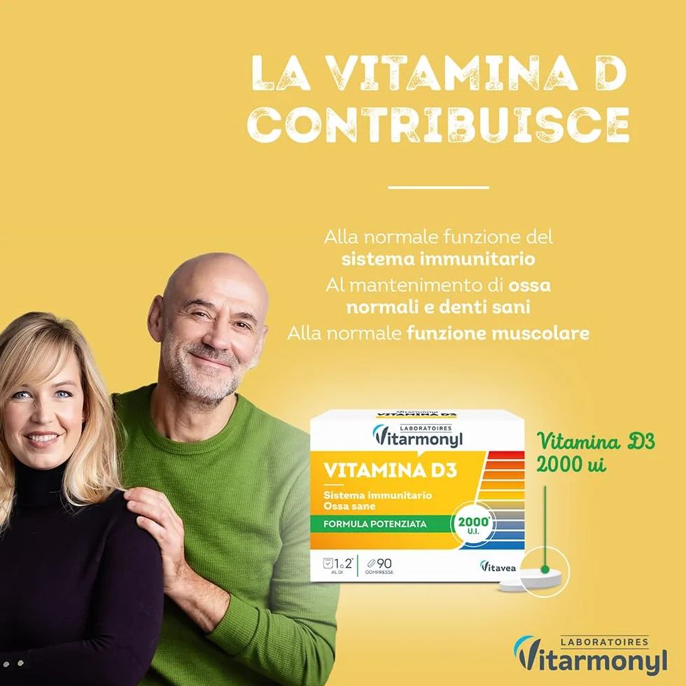 Vitamina D3 - Formula Potenziata 2000 UI - Integratore Difese Immunitarie - Assorbimento Calcio e Fosforo, Salute Ossa, Denti e Muscoli - Sistema Immunitario - 90 Compresse - Vitarmonyl
