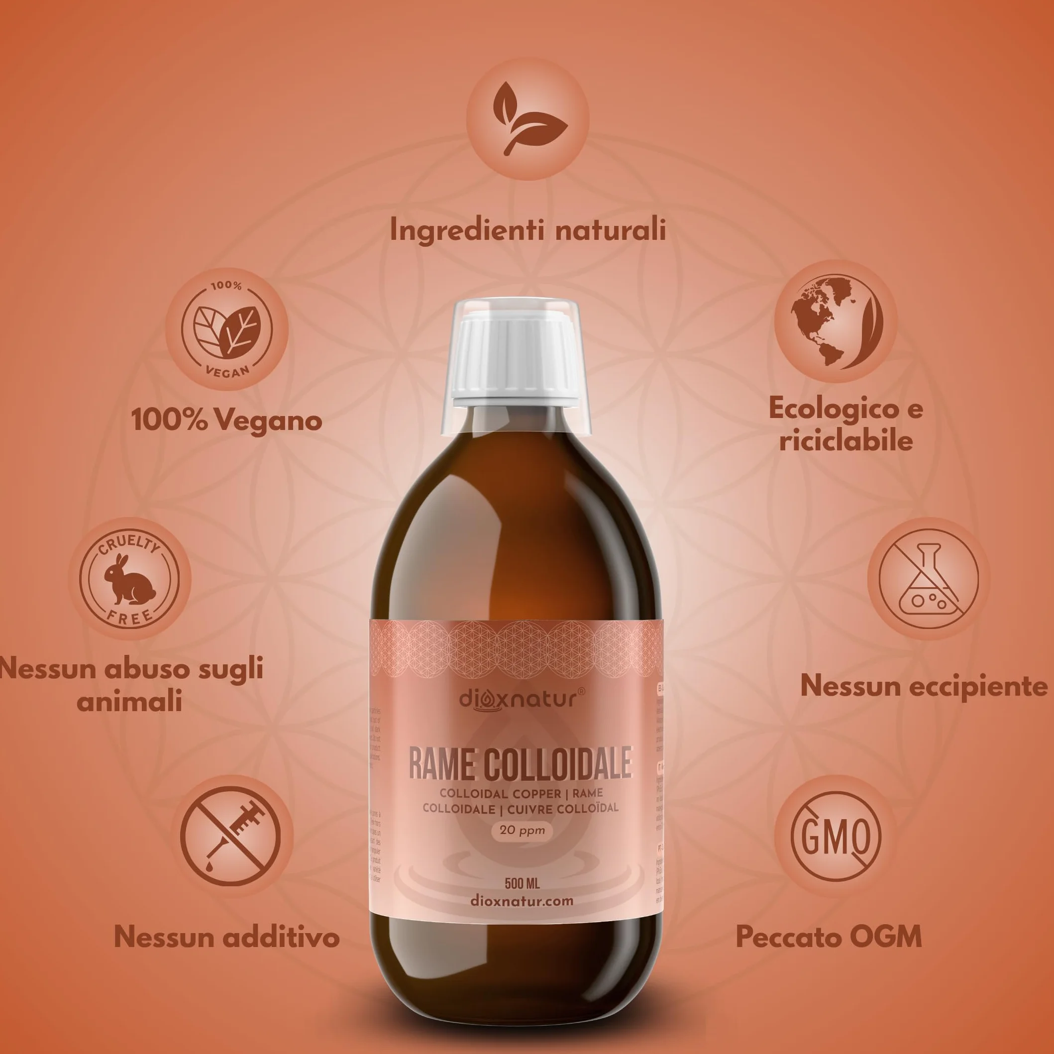 Rame Colloidale 500 ml - 20 ppm - 99,99% Purezza - Soluzione Liquida con Acqua Bidistillata - Flacone Vetro Ambra con Bicchierino Graduato