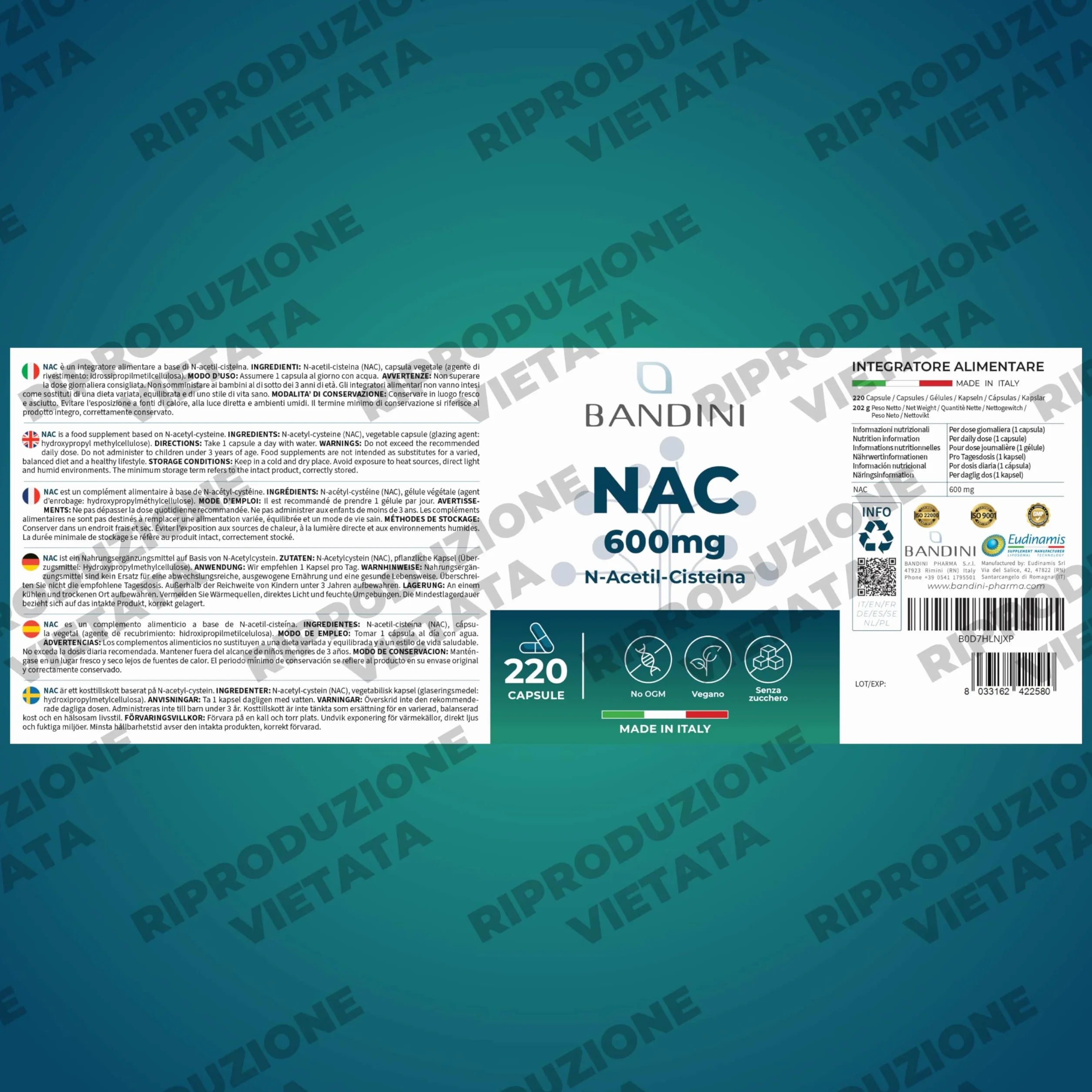 Bandini® NAC N-Acetil-Cisteina 220 Capsule 600mg (+7 Mesi),Precursore del Glutatione, Acetilcisteina 600mg, 1 Capsula al Giorno, Alto Dosaggio di N-Acetilcisteina Aumentata, Integratore 100% Vegano