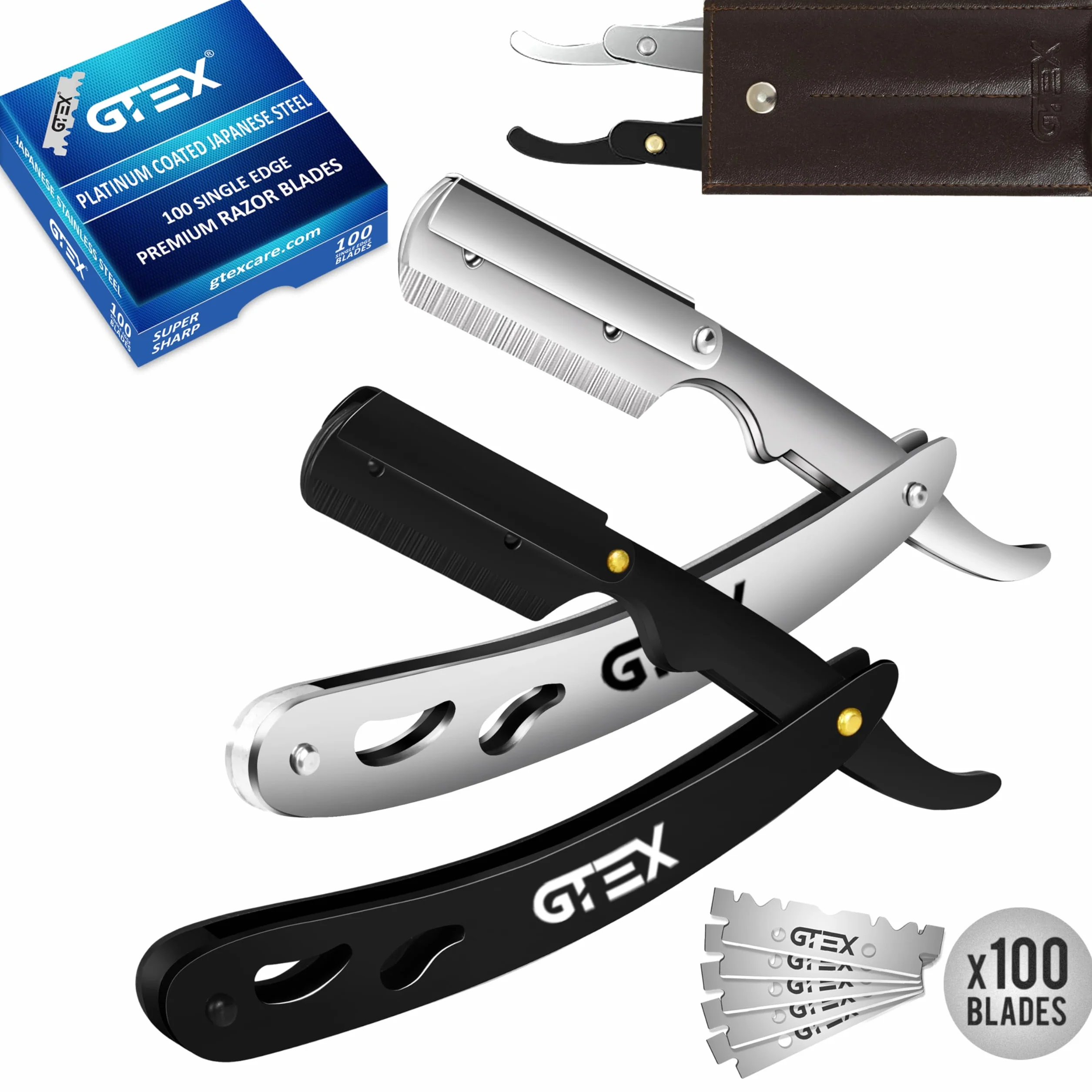 Rasoio a Mano Libera Professionale GTEX - 2 Rasoio Barba Manuale Uomo con 100 Lamette da Barba GTEX Premium - Rasoio Barbiere per la Rasatura e la Cura dei Contorni Barba Uomo - Straight Razor Set
