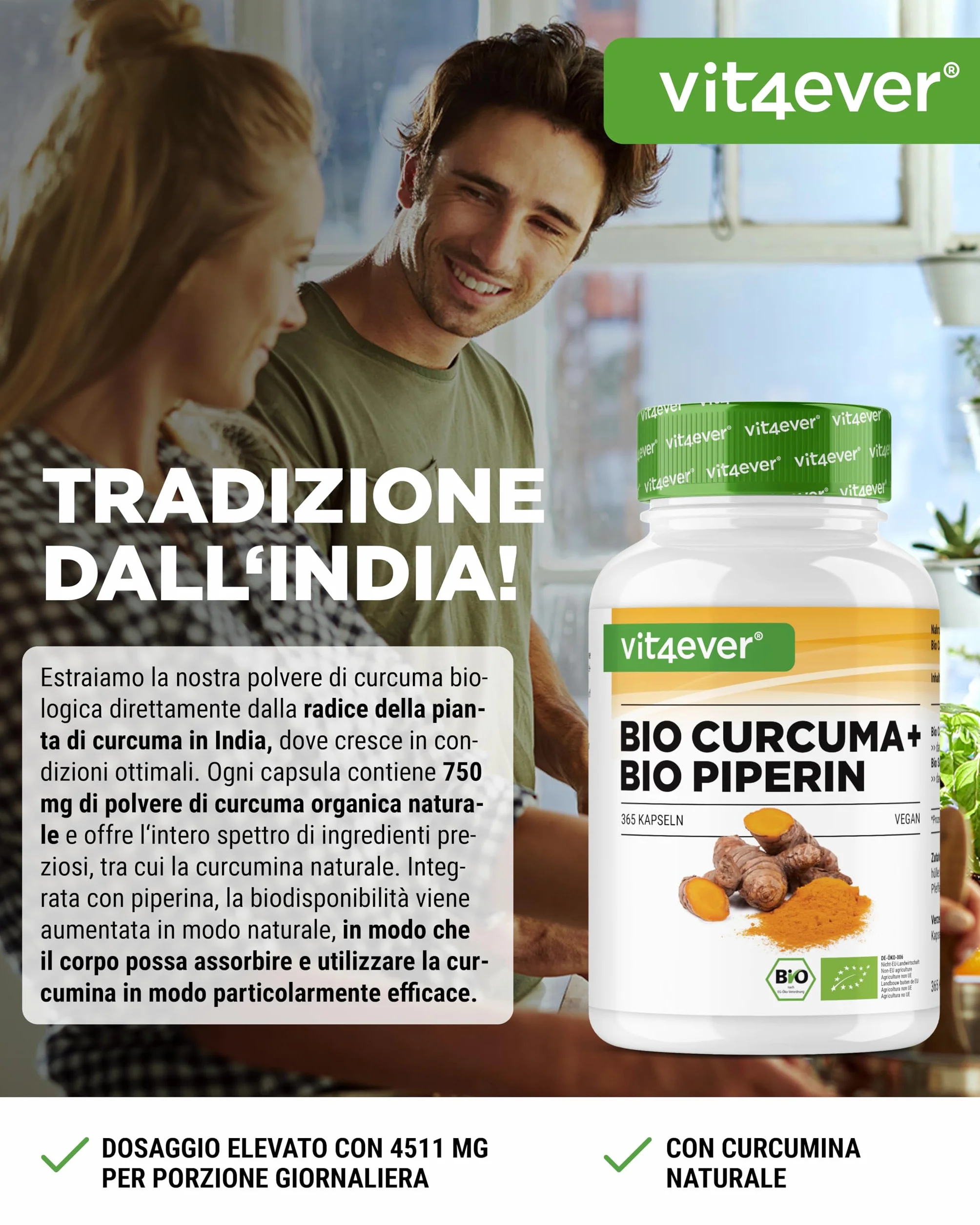 Curcuma organica con pepe nero 365 capsule 4511 mg curcumina piperina alto dosaggio vegano