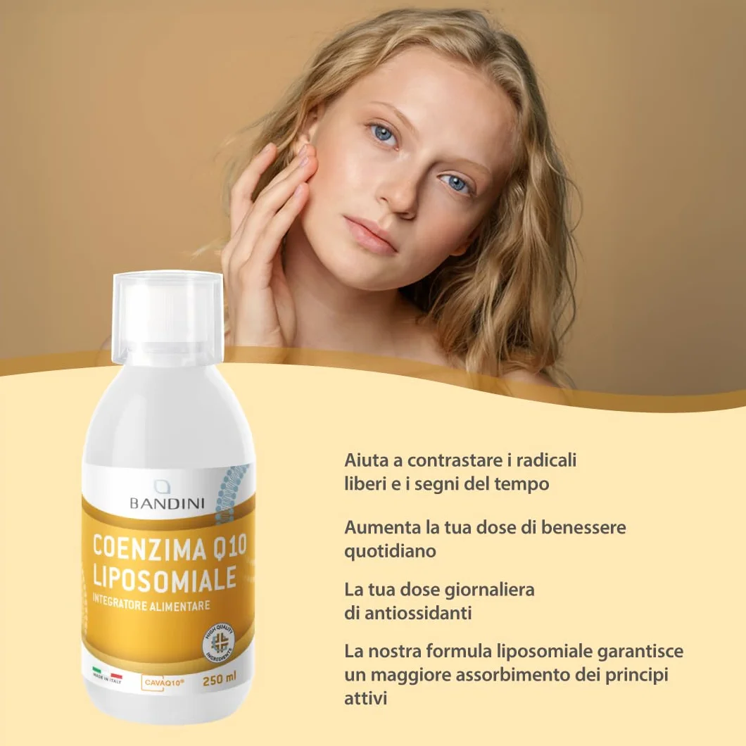 Bandini® Coenzima Q10 Liposomiale 200mg | Ubichinone Coq10 Alto Dosaggio 250ml - CAVAQ10® ad Alta Biodisponibilità, Vegano da Fermentazione del Mais | Coenzyme Q 10 | Migliore Antiossidante | Pelle
