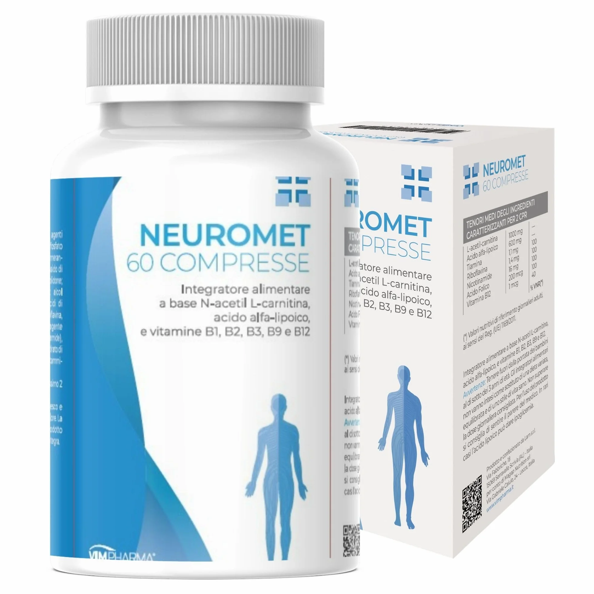 VIMPHARMA Acetil L Carnitina Acido Alfa Lipoico Niacina NEUROMET Integratore 60 Cpr Vegano