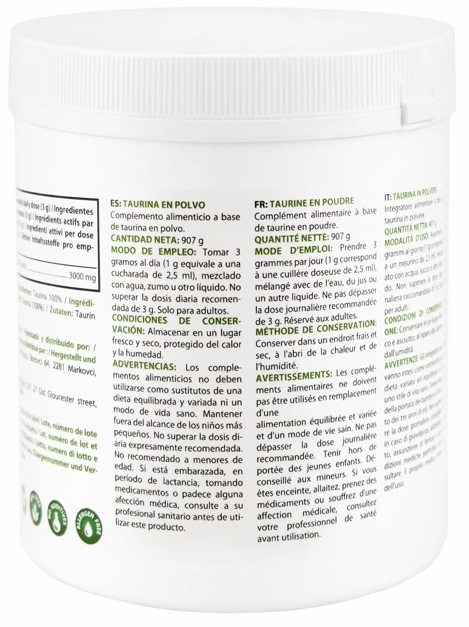 Taurina in Polvere | 907 g | Polvere Pura al 100% | Senza Aroma | Singolo Ingrediente | Senza Capsule | Integratore Alimentare |