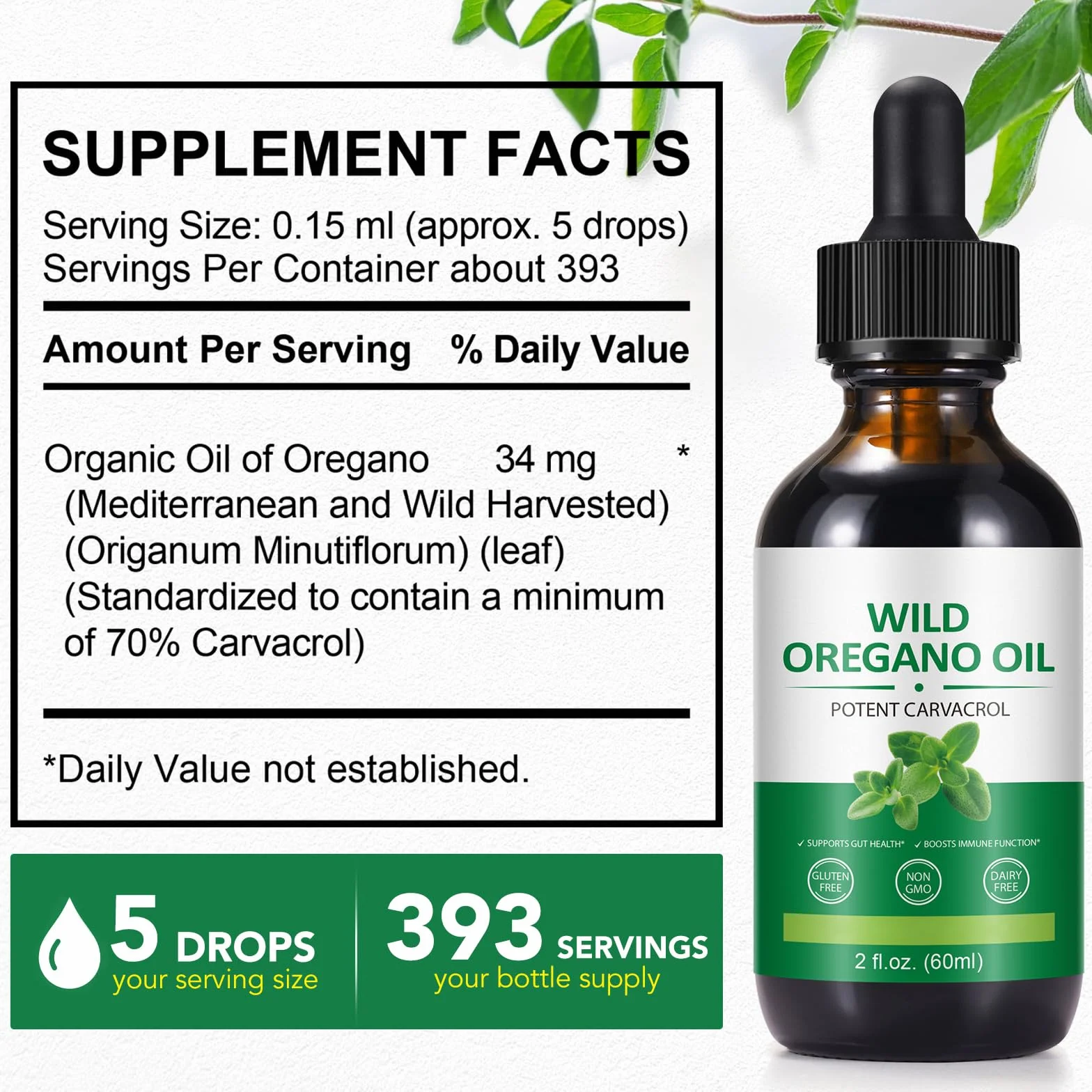 Olio di Origano Biologico Essenziale 2 Fl oz Supporto Immunitario