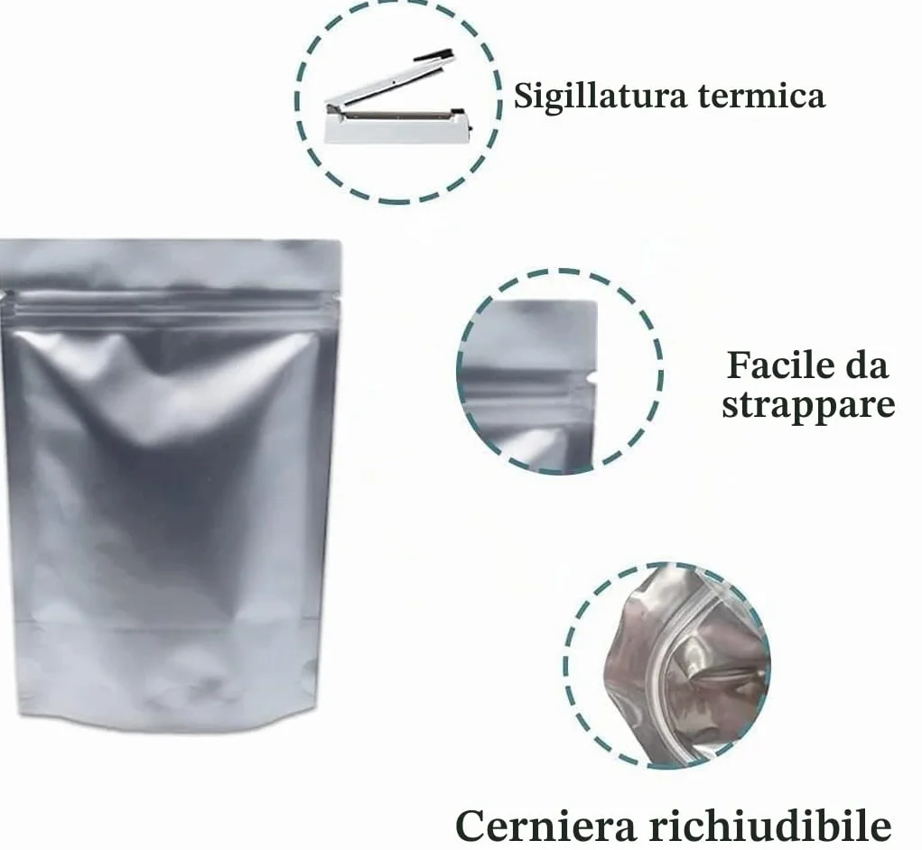 50 pezzi argento puro alluminio Stand Up Mylar Bags sacchetti per alimenti con chiusura lampo sigillatura a caldo sacchetti per imballaggi a prova di odori 9x13cm (3,5 x 5,1 pollici)