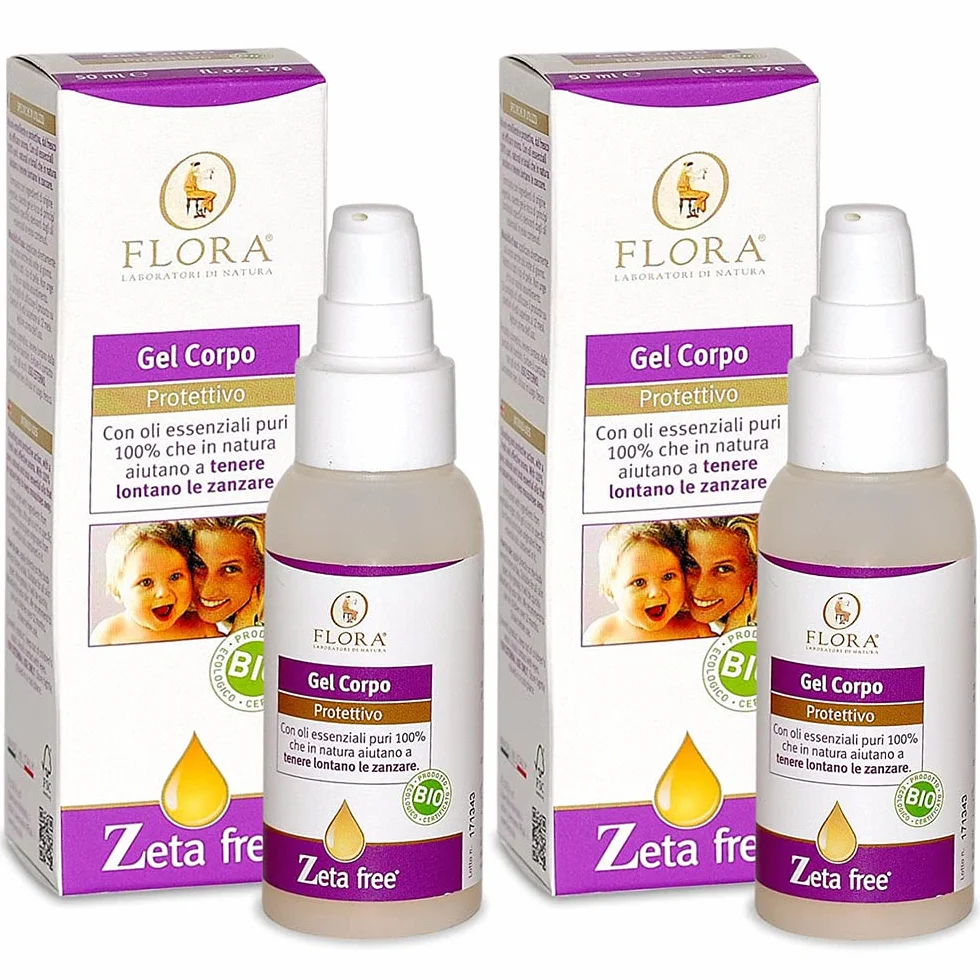 2x Flora - Zeta Free Gel Corpo - 50 ml - Anti Zanzare, Emolliente, Protettivo e rinfrescante, adatto anche a pelli sensibili, Con oli essenziali 100% puri