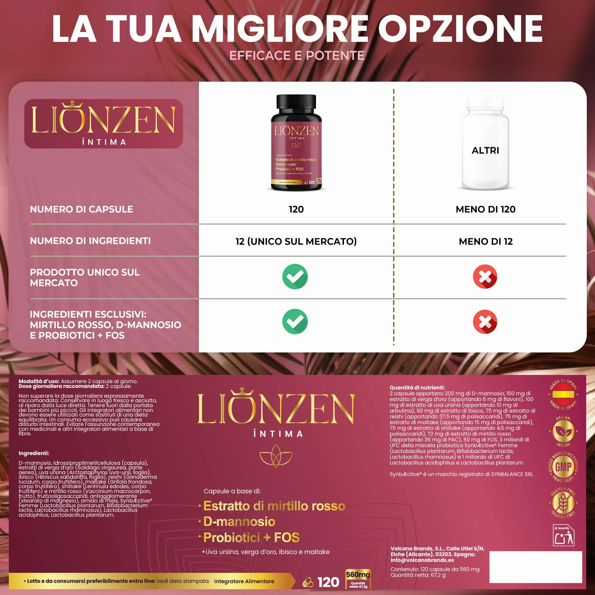 Probiotici Donna Flora Intima | Mirtillo Rosso, D-mannosio +12 Ingredienti naturali | +2000 milioni UFC | Benessere delle vie urinarie femminili | 120 capsule | Lionzen Intima