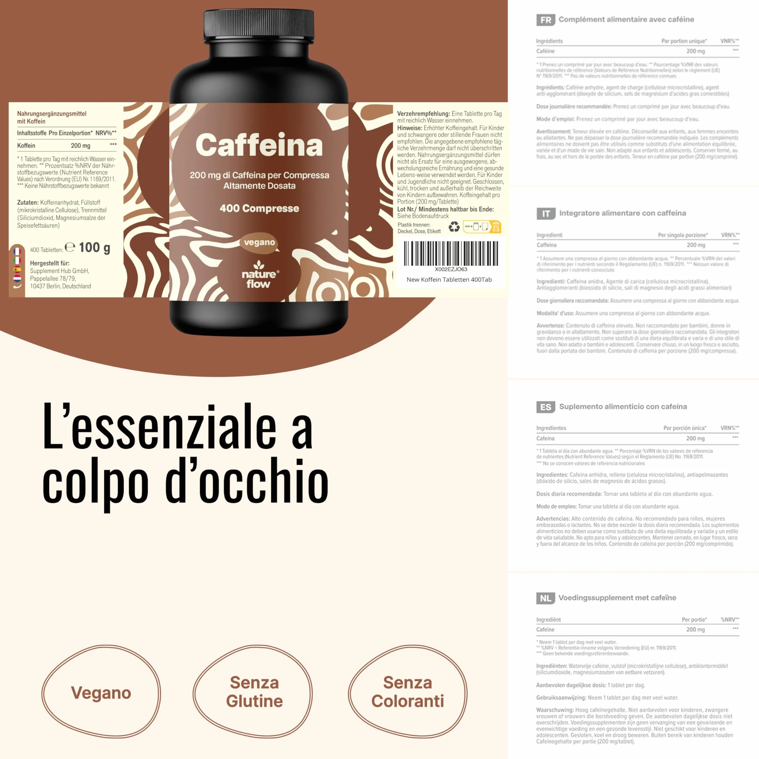 Caffeina Pura 400 Compresse 200 mg Alto Dosaggio Vegano Integratore Prodotto in Germania