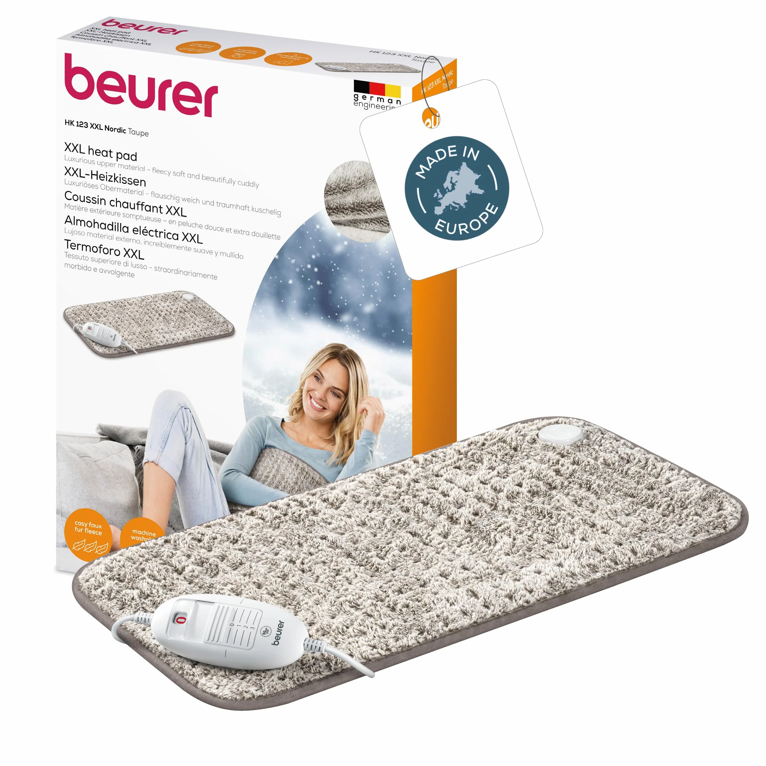 Beurer HK 123 Nordic termoforo XXL, ultramorbido e traspirante, 3 livelli di temperatura, riscaldamento rapido, spegnimento automatico, lavabile in lavatrice a 30°C, 60 x 30 cm, prodotto in Europa
