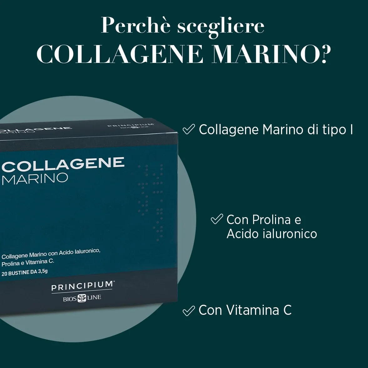 BIOS LINE Principium Collagene Marino Integratore Alimentare per l'Elasticità della Pelle, 20 Buste 3,5g