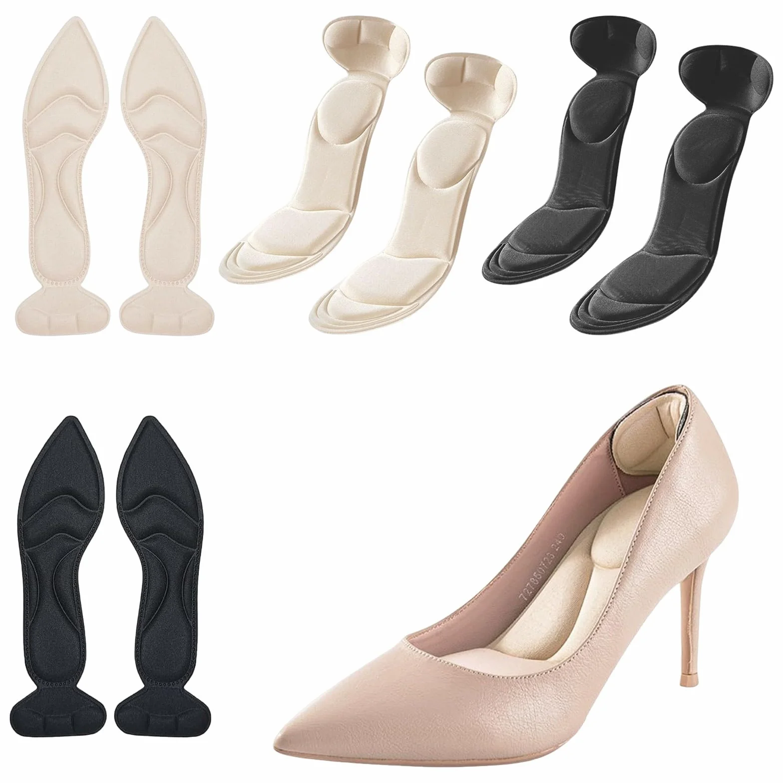 Solette per Scarpe Grandi Riduttore Numero Memory Foam 2-in-1 con Salva Tallone, 2 Modelli Punta Tonda e Appuntita, Nero e Carne