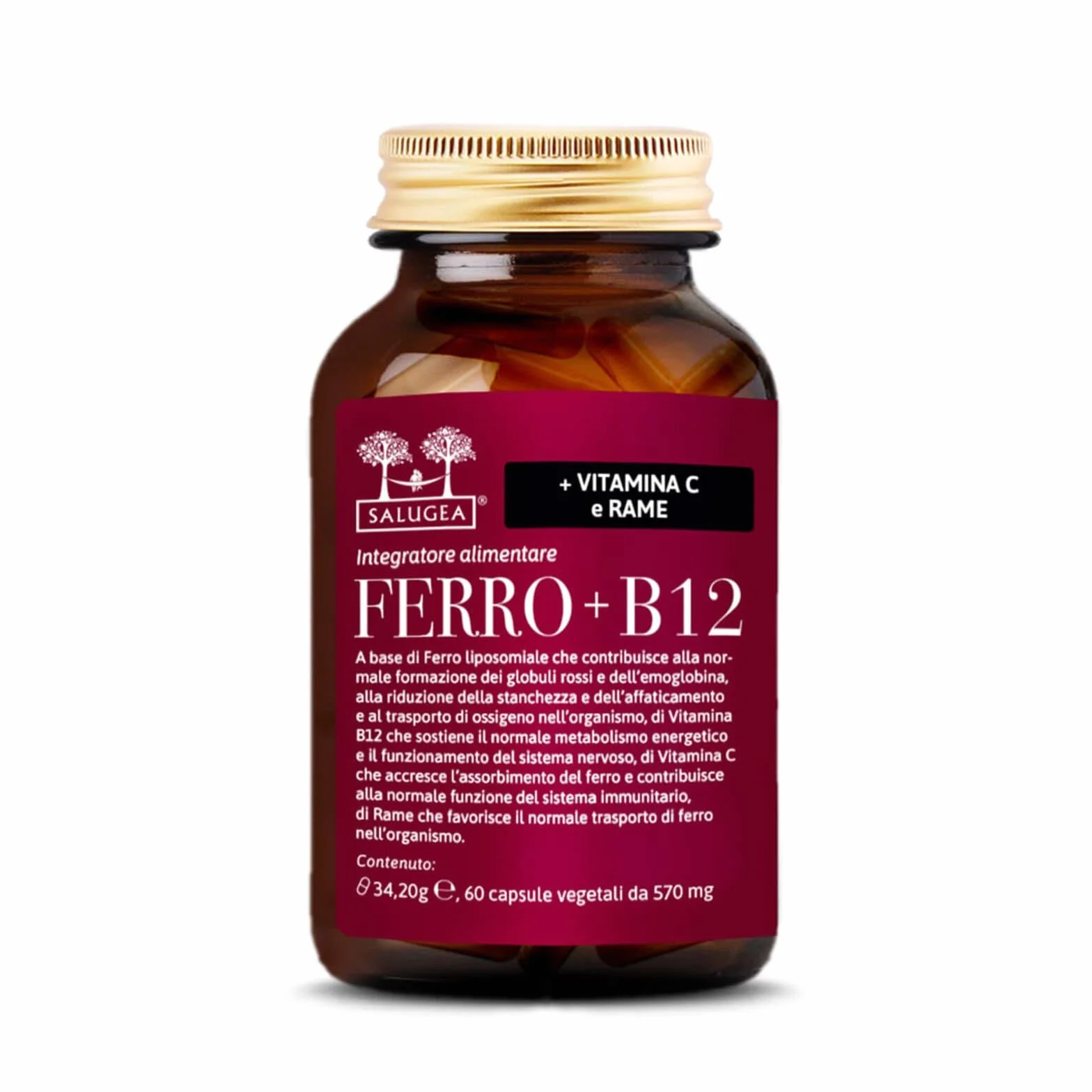 Salugea FERRO + B12 Salugea - Integratore 100% Naturale - Con Ferro liposomiale, Vitamina B12, Rosa Canina (Vitamina C) e Rame - 60 Capsule Vegetali in Flacone in vetro scuro farmaceutico