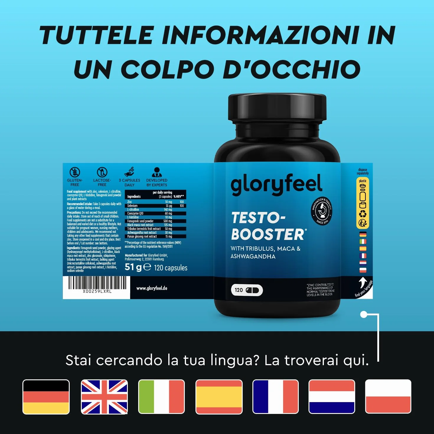 Testosterone Uomo Booster Extra, Dosaggio Ottimale, con Maca (20:1), Tribulus Terrestris (25:1), 500mg di Fieno Greco, Ginseng, Citrullina, Ashwagandha - 120 Capsule, Integratore Uomo