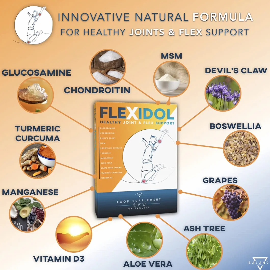 FLEXIDOL® | Glucosamina Condroitina | Integratore per dolori articolari e muscolari con MSM, Artiglio del Diavolo, Boswellia Serrata, Curcuma, Aloe, Manganese, Vitamina D3 | 48 cpr