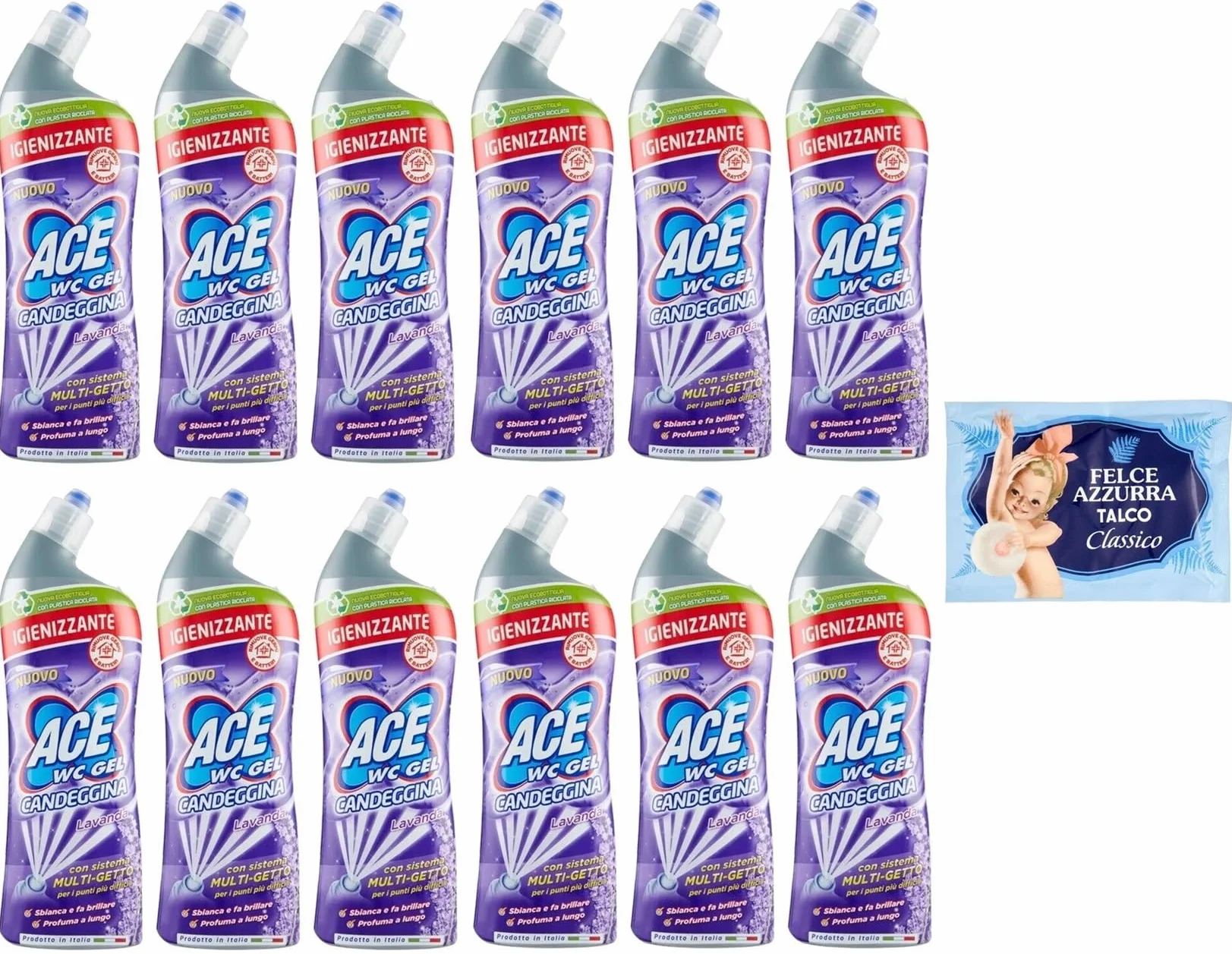 Confezione da 12 gel ACE Wc con Candeggina Lavanda, detergente per WC con candeggina, profumo di lavanda, 700 ml + 1 polvere di talco FELCE AZZURRA