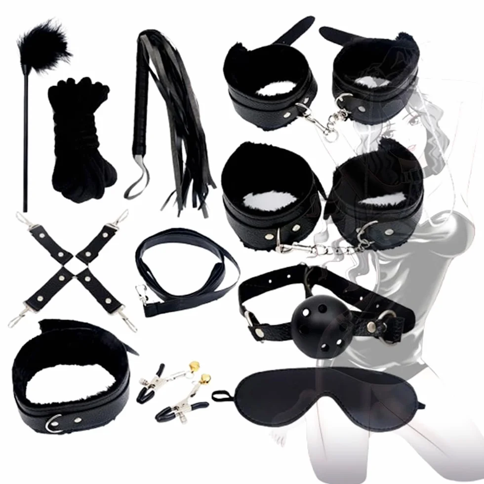 Coppia Prop Set Peluche Bracciale Collare Catena di Traino Frusta di Pelle Giocattolo (Nero)