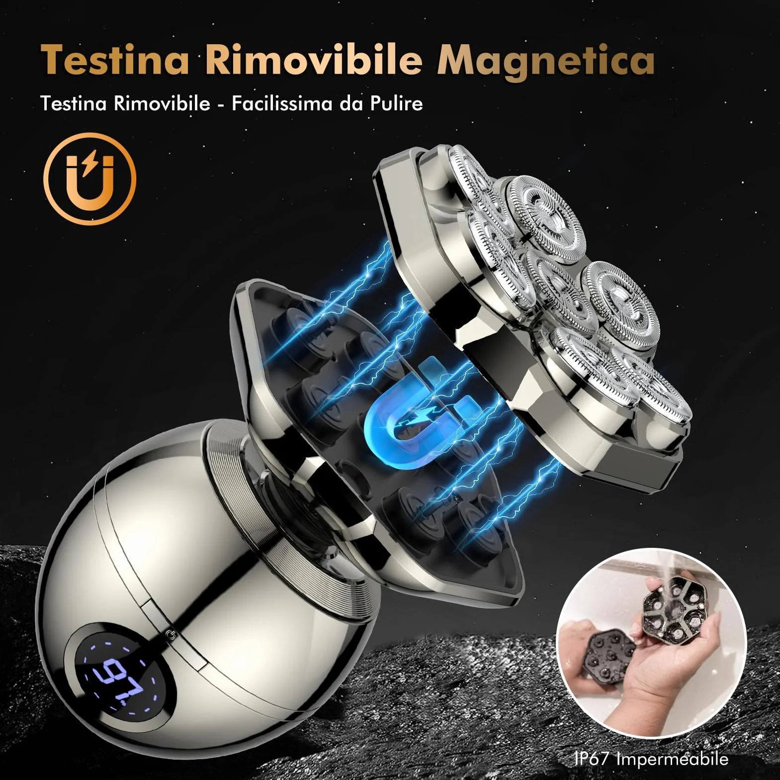 Rasoio Testa Calva Zero Assoluto 7D Magnetici Rimovibile 6 in 1 Impermeabile IP67 Display LED