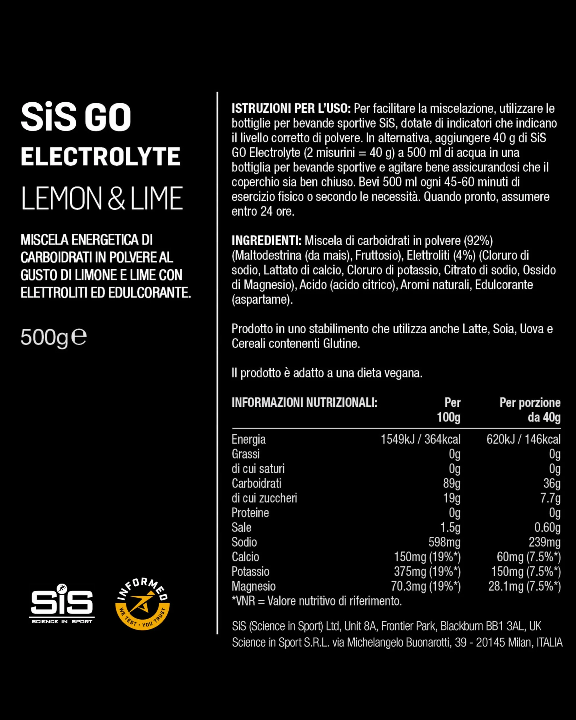 Science in Sport GO Elettroliti in polvere 500g Limone e lime - Bevanda sportiva vegana isotonica