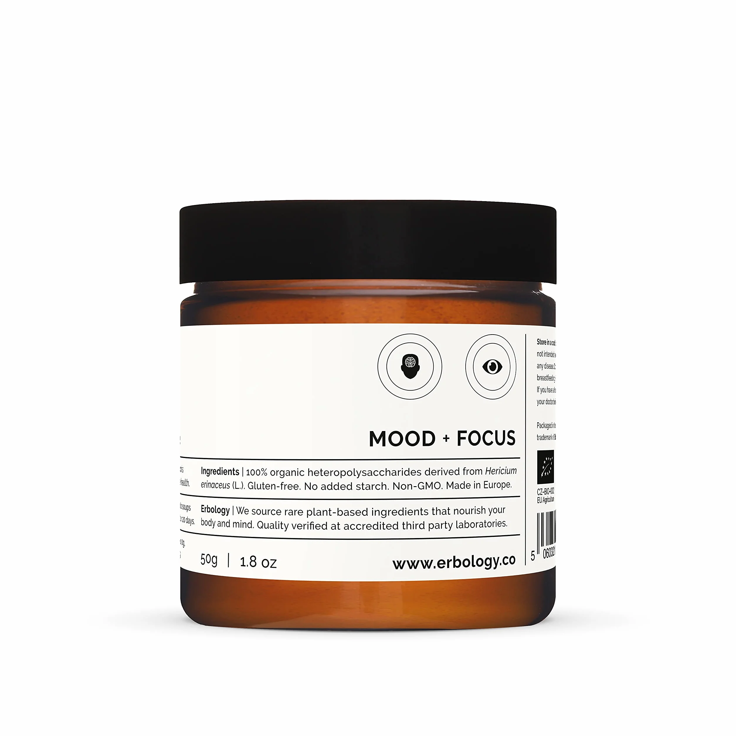 Erbology Fungo Hericium Erinaceus in Polvere Bio 50 Porzioni - 32% Beta-glucani - Aiuta a Ridurre lo Stress e Concentrarsi - Criniera di Leone - Lion's Mane - Coltivato in Modo Sostenibile in Europa