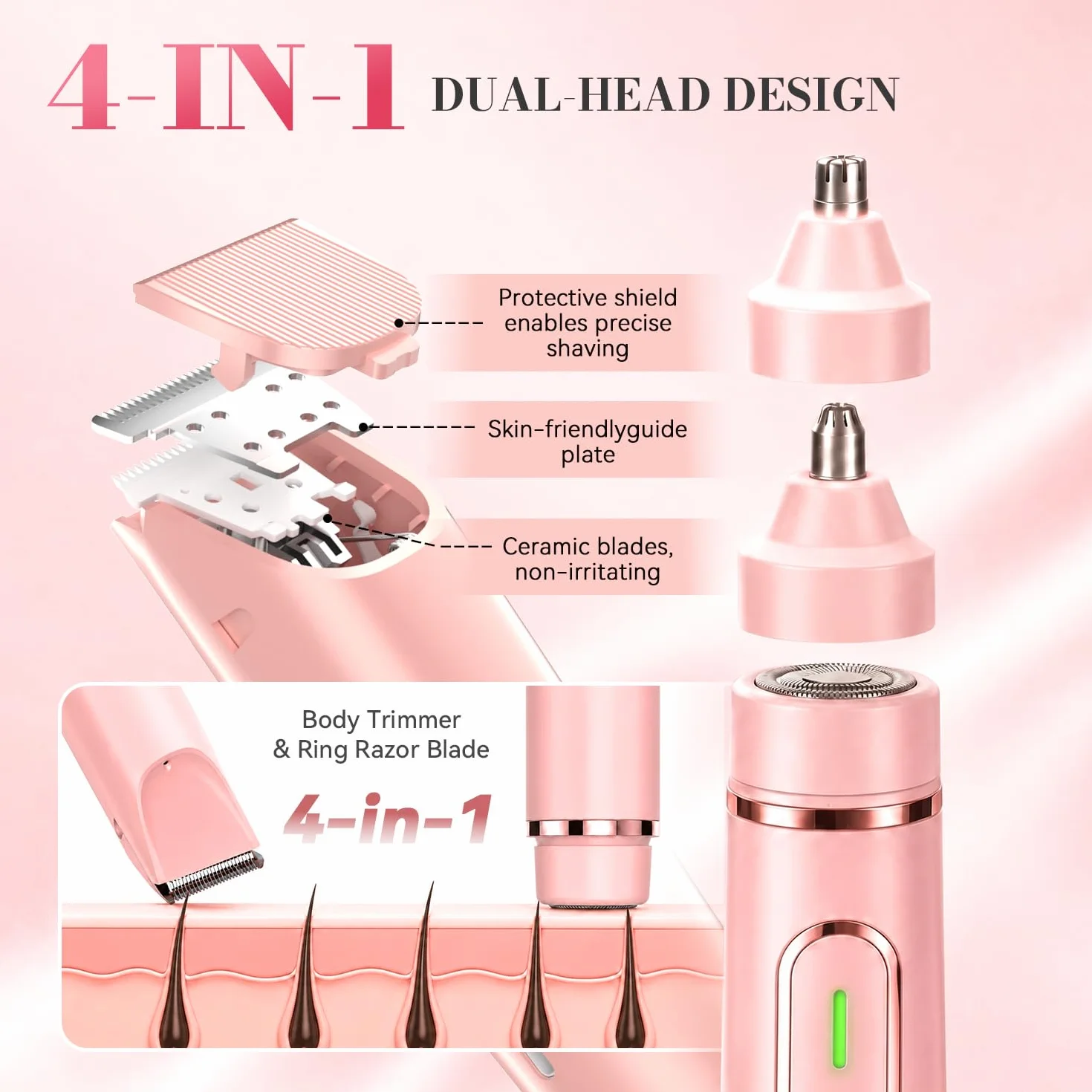 JTF Rasoio Elettrico Donna 4-in-1,Depilatore per Parti Intime, Bikini, Viso, Ascelle, Gambe e Braccia – IPX7 Impermeabile,Ricaricabile USB, Uso Bagnato e Asciutto (Rosa)