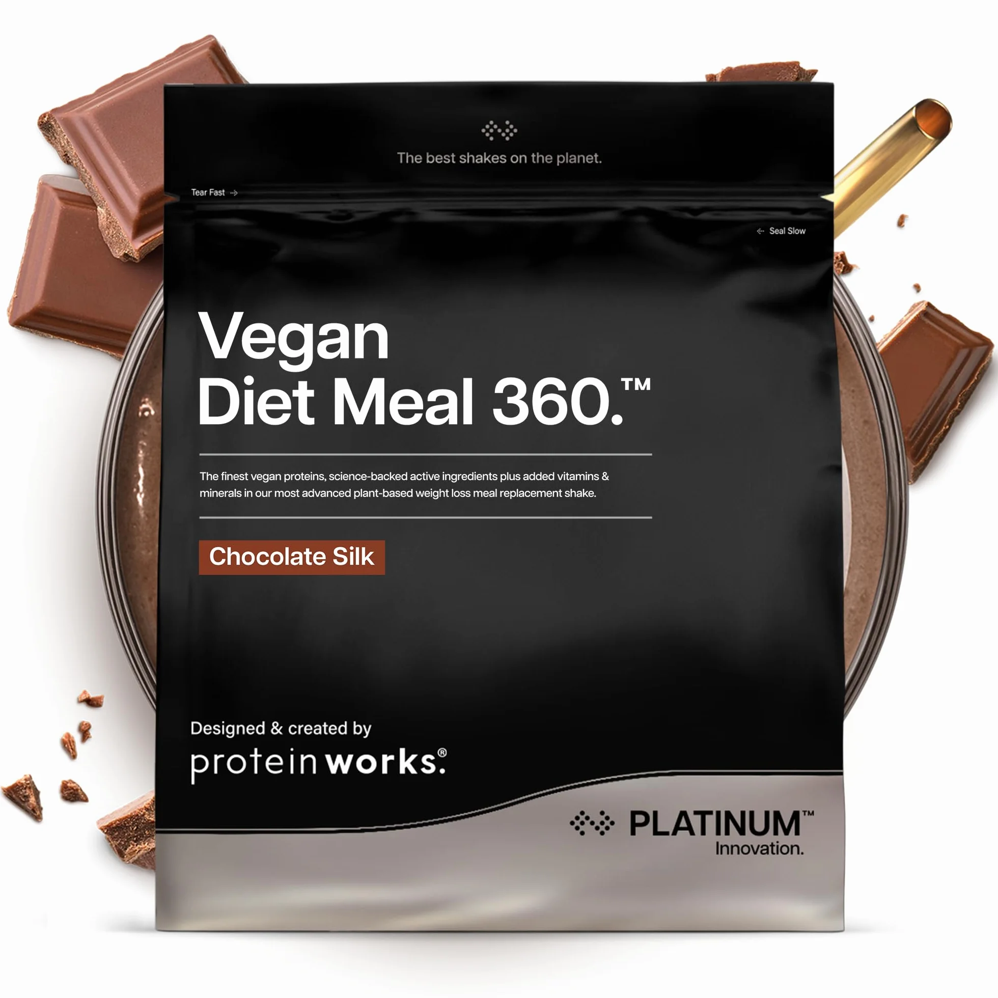 Protein Works | Vegan Diet Meal 360 – PLATINUM Innovation, Shake Dietetico Vegan, Supporta Perdita Peso Sana, Miscela Vitamine & Minerali, Tè Verde, Cioccolato Morbido, 8 Pasti, 500g
