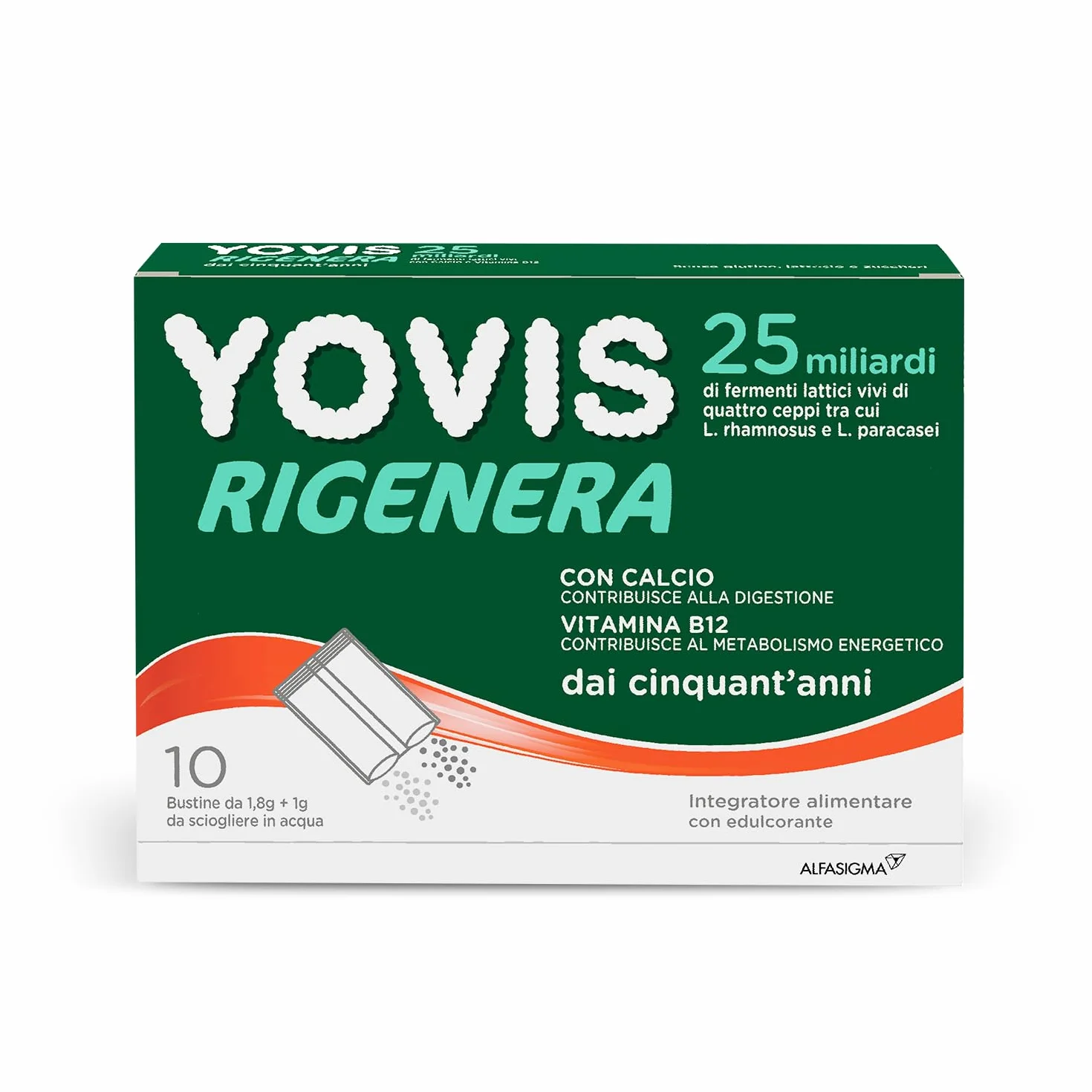 YOVIS Rigenera Probiotici Benessere Intestinale 50 anni 25 Miliardi Fermenti Lattici Calcio Vitamina B12 10 Bustine