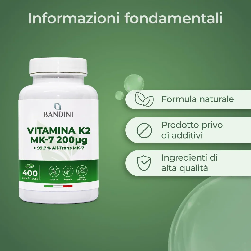 Bandini Vitamina K2 MK7 200µg 400 Compresse Alto Dosaggio Integratore Ossa Normali Vegan
