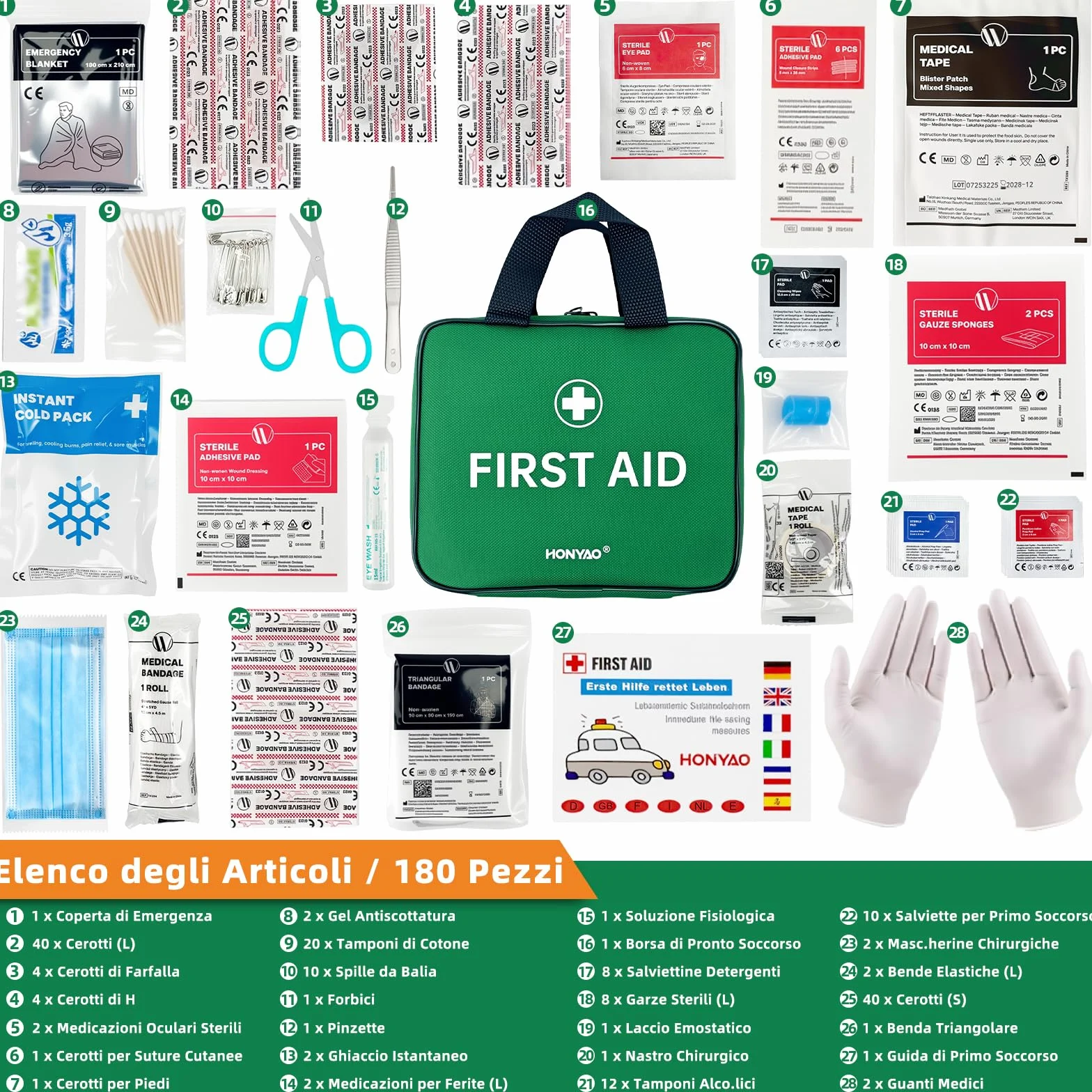 HONYAO Kit di Pronto Soccorso 180 Pezzi, Completo per Casa Auto Sport Viaggio