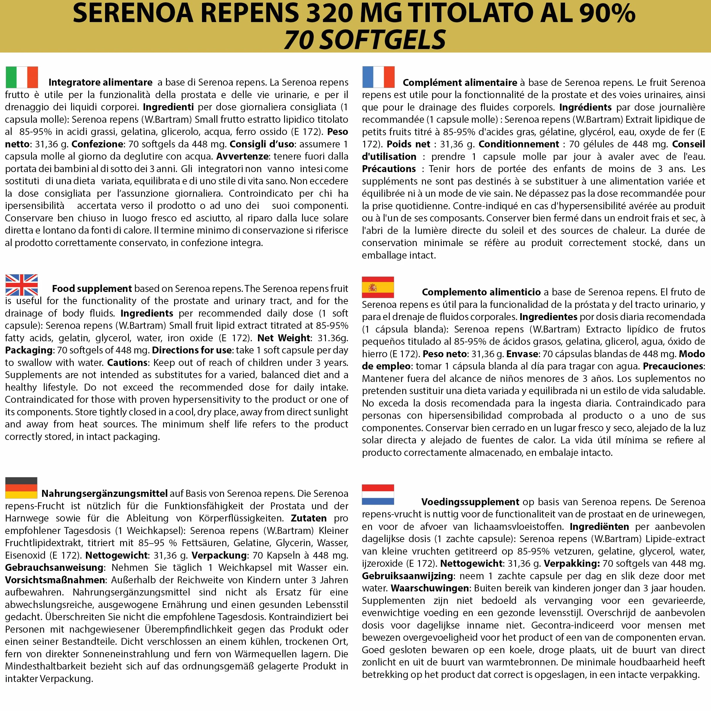 SERENOA REPENS 320 MG TITOLATO AL 90% 70 SOFTGELS CAPSULE MOLLI PER PROSTATA E VIE URINARIE LA BOTTEGA DEGLI INTEGRATORI