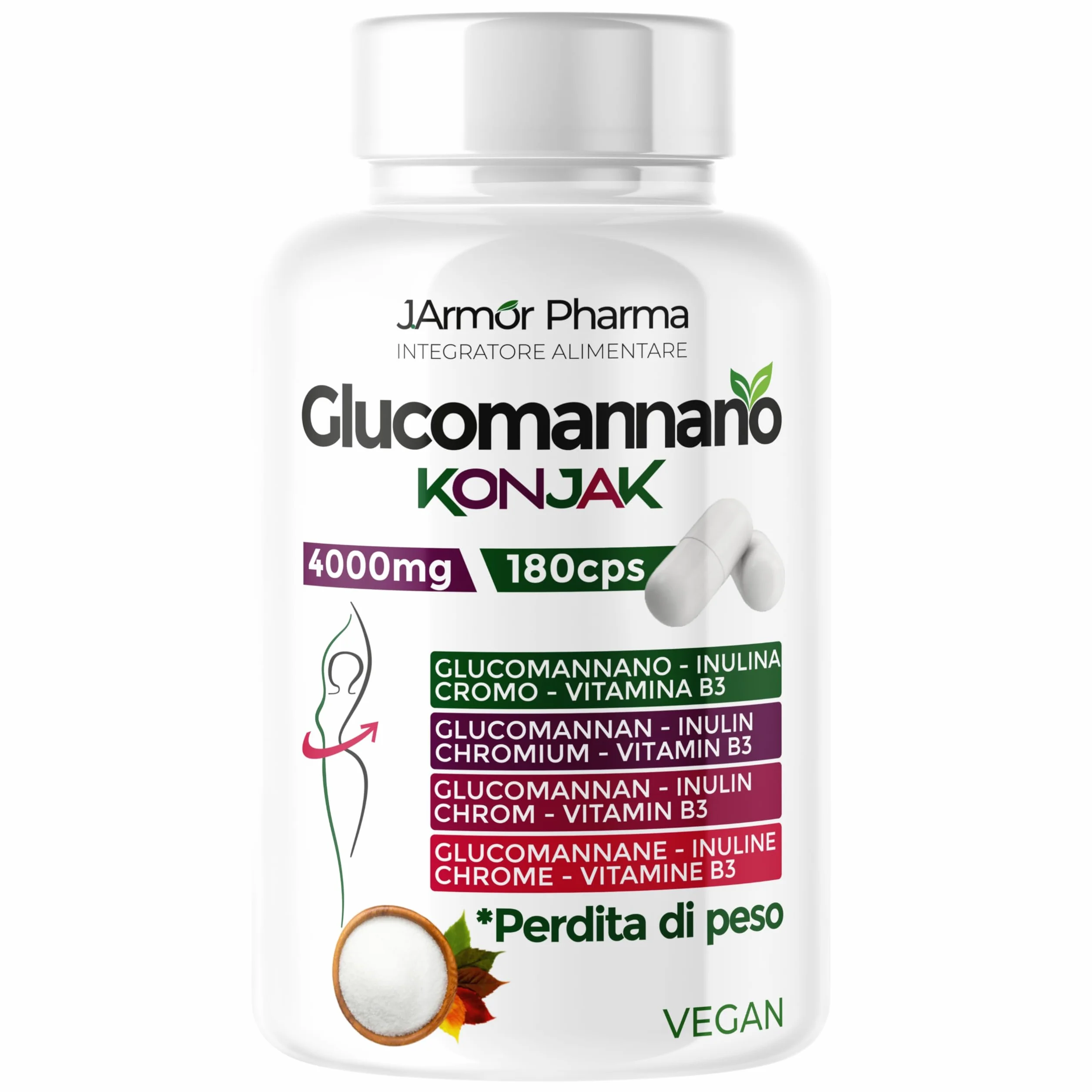 Glucomannano Capsule con Inulina, Cromo e Vitamina B3 – Fibra Alimentare – 180 Capsule Vegane – J.Armor Pharma