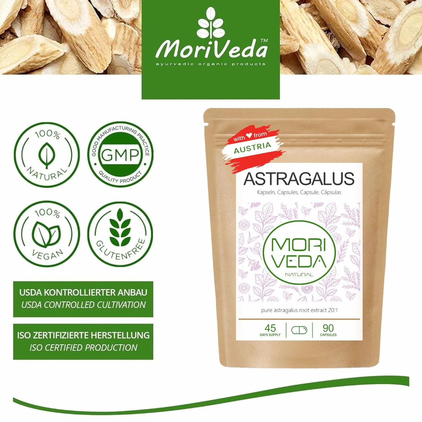 MoriVeda® Astragalus capsule 1600 mg estratto di radice di tragacanto polvere 112 mg polisaccaridi vegan senza glutine 90 capsule