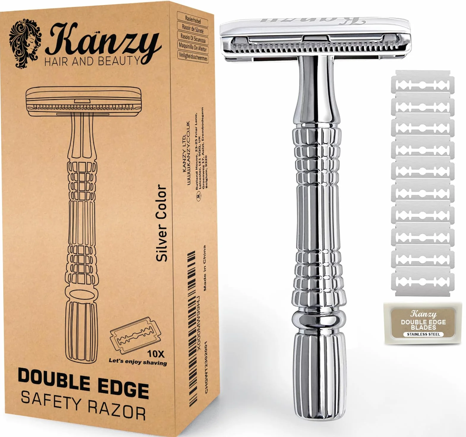 Rasoio di Sicurezza a Doppio Filo per Barba con 10 lame Manico Cromato Safety Razor