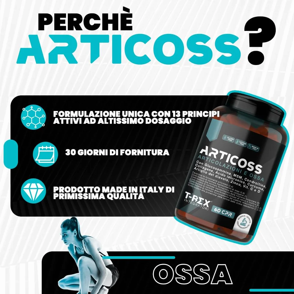 ARTICOSS Integratore per Articolazioni Ossa e Cartilagini con Glucosamina Condroitina Msm Artiglio del Diavolo, Vitamina C e Vitamina D, Collagene e Acido Ialuronico. 60 compresse