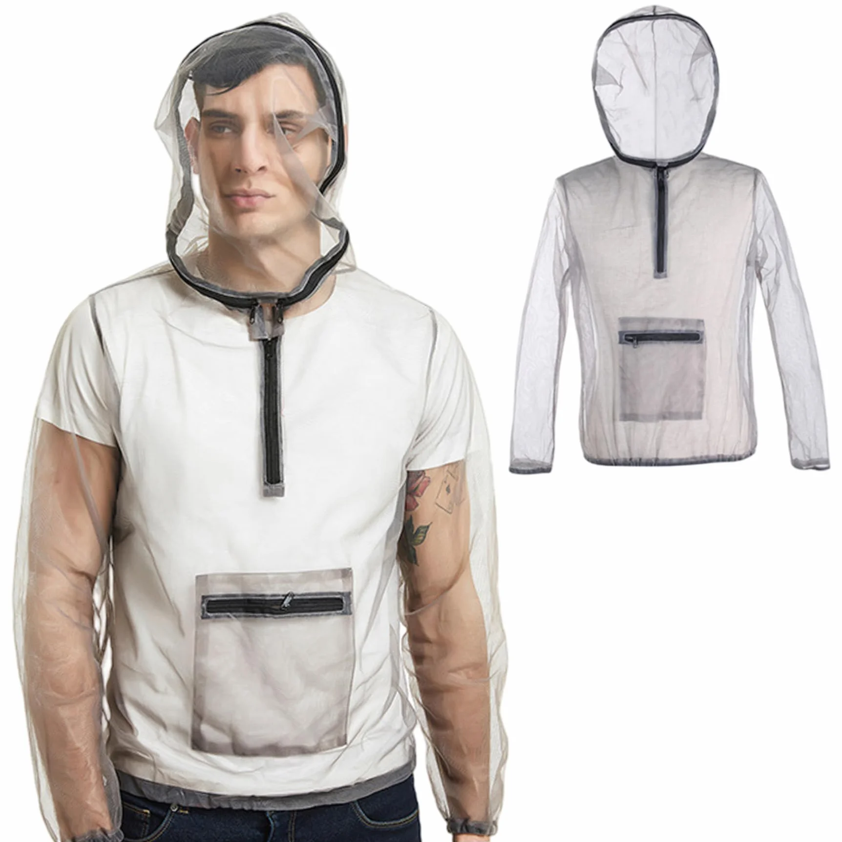 Giacca antizanzare in Rete Leggera con Cappuccio Staccabile e Borsa Inclusa Grigio 2XL
