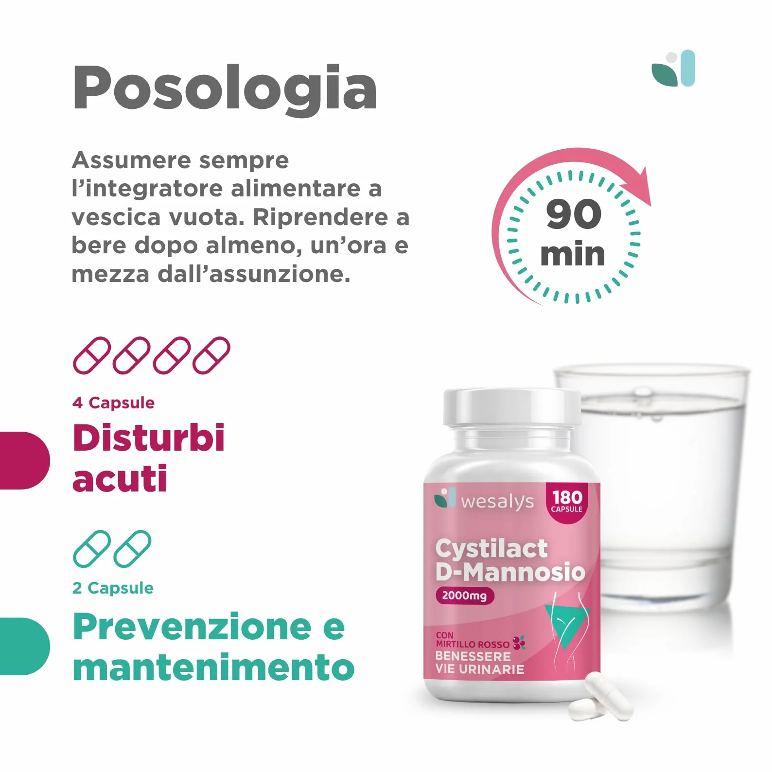 CYSTILACT® D Mannosio Puro 2000mg 180 Capsule con Mirtillo Rosso, Probiotici ed Acido Ialuronico per le Vie Urinarie